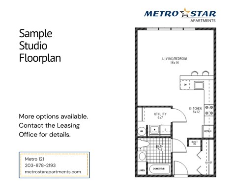 A Metro Star Apartments floor plan for a studio apartment is displayed.